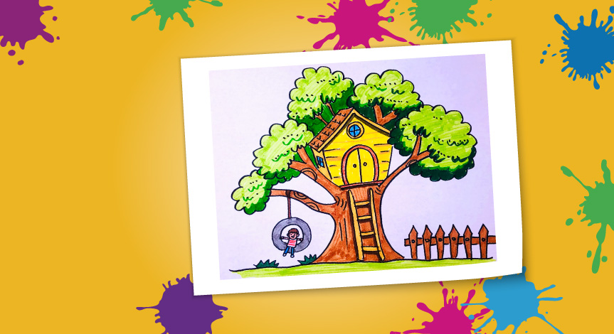 An illustration of a tree house with a child swinging from a tire hanging from the tree