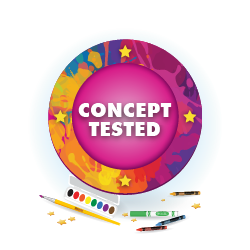 An illustration of a badge with the writing concept testing surrounded by Crayola Markers, crayons and pencils