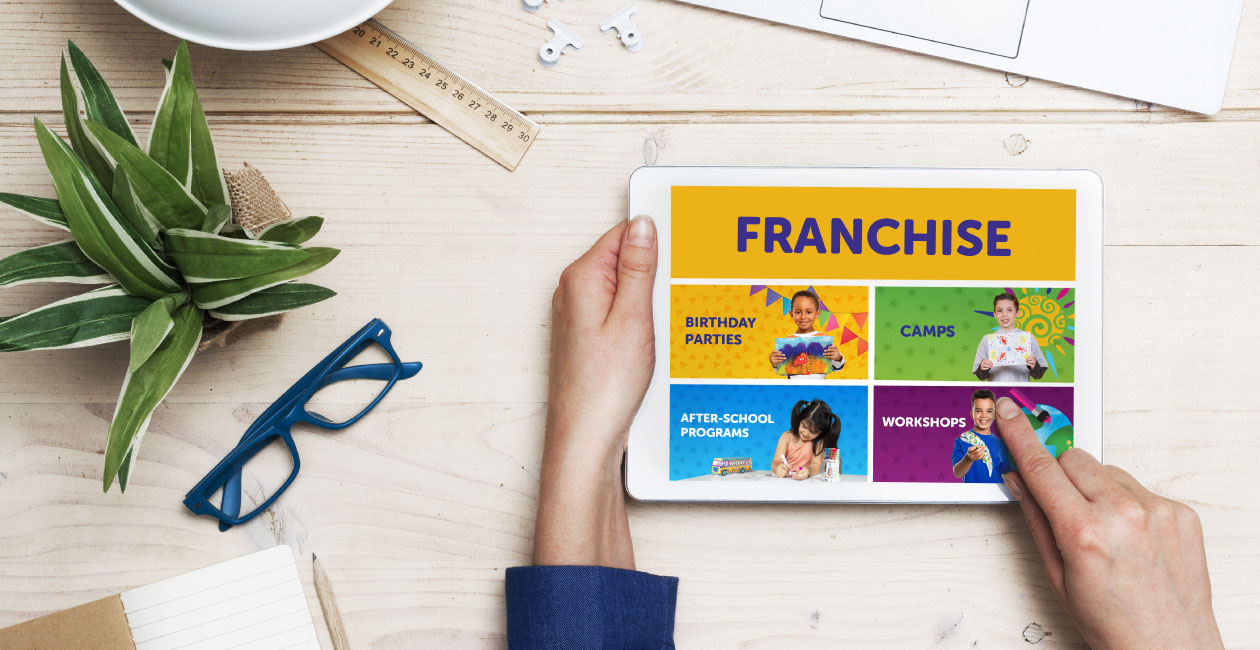 Hand holding an Ipad with franchising information from Crayola Imagine Arts Academy on the device. 