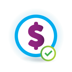 A purple dollar sign with a check in mark in the bottom right corner. The dollar sign is surrounded by a purple circle.