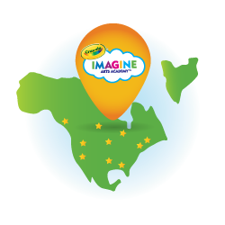 An illustration of a map with a Crayola Imagine Arts Academy marker indicating the locations of Crayola Imagine Arts academy'