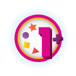 An illustration of the number 1 in pink with a plus sign next to it surrounded by shapes
