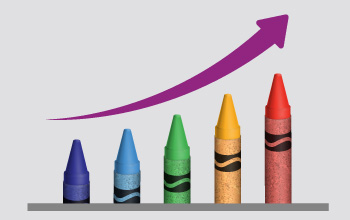 5 Crayola crayons each one increasing in size with an arrow over it to indicate increasing revenue