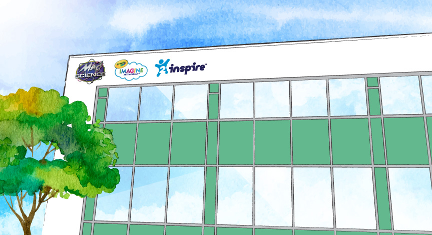 An illustration of Crayola Imagine Arts Academy head office in Montreal. The logo for Mad Science, 2inspire and Crayola Imagi