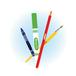 An illustration of crayola products which include a marker, a crayon, a colored pencil and a paint brush