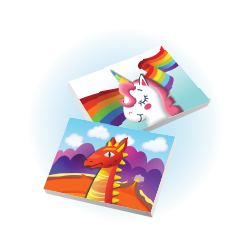 An illustration of 2 canvas' with and picture of a unicorn and a dragon