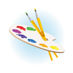 An illustration of a paint palette with a variety of and colors and a paint brush
