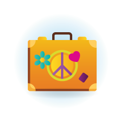 An illustration of a suitcase with a heart and piece sign drawn on it.